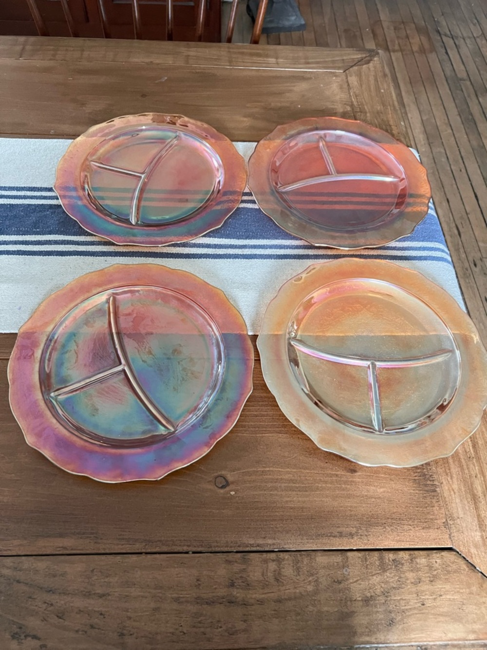 4 Vtg Federal Normandie Marigold Sunburst Carnival Glass Divided Dinner Plates - Picture 2 of 10
